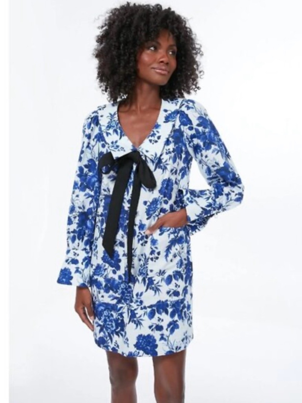Tuckernuck Blue and White Floral Chemise with Black Bow